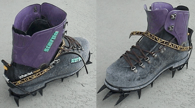 two views of custom step-in crampons