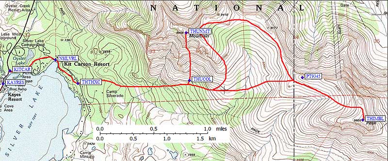 Silver Lake trailhead, Thunder and Thimble climbing route